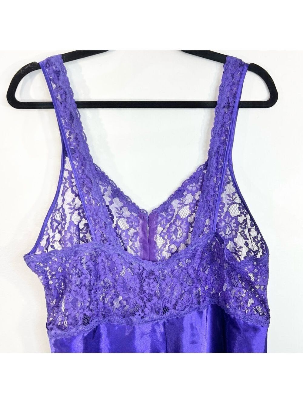 Vintage 80s 90s purple satin sheer lace bodice romper teddy negligee lingerie L - Picture 8 of 15